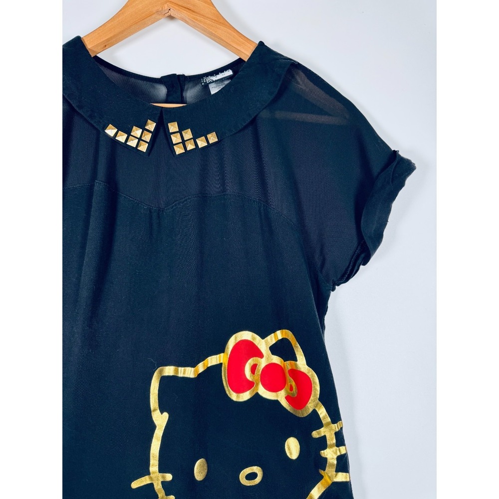 Hello‎ Kitty Sanrio Top Womens Large Black Gold Studded Collar Sheer Button Back - Picture 7 of 12